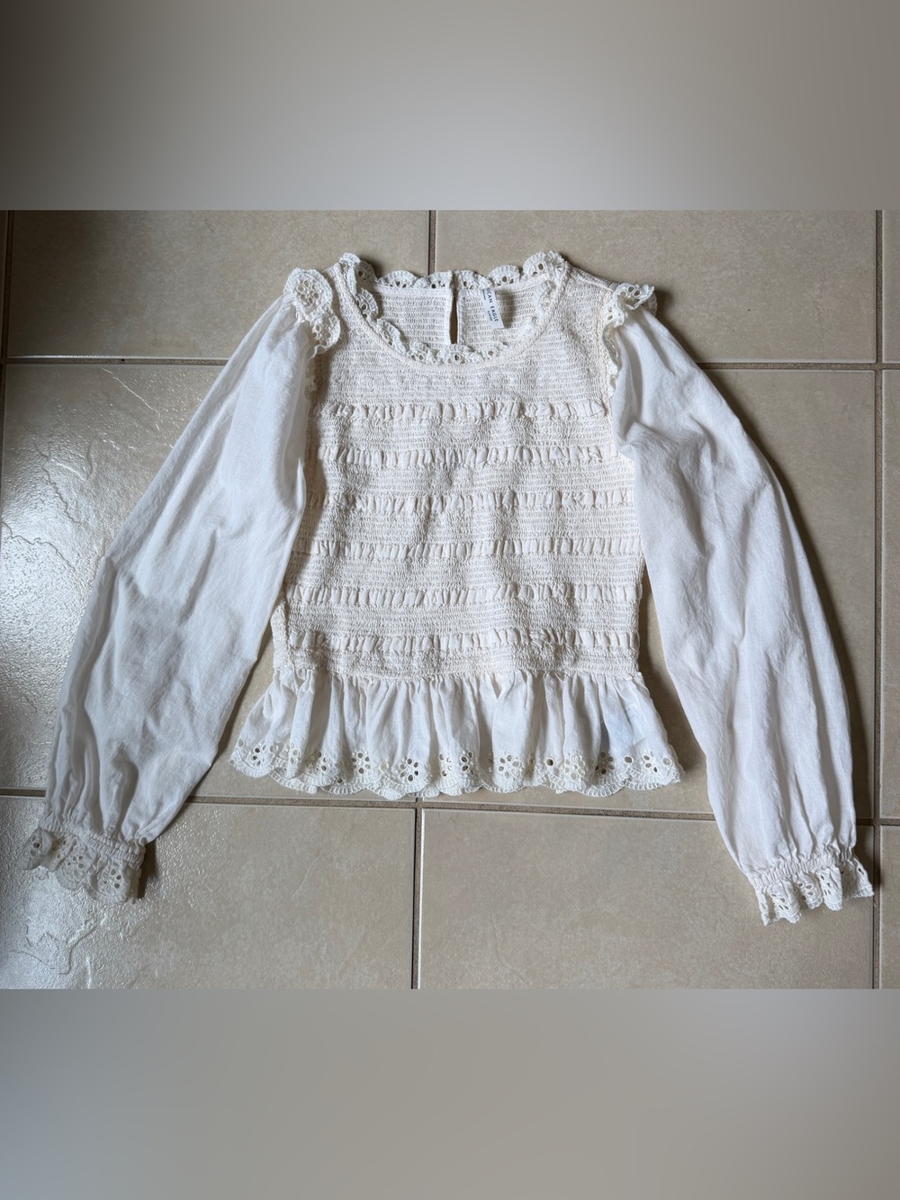 American Eagle Ivory Smocked Blouse Size S Eyelet Lace Peplum Boho Romantic